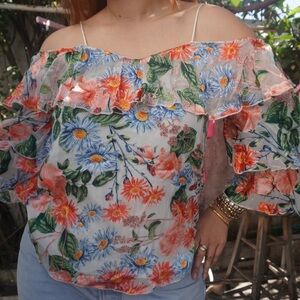 Alice + Olivia Floral Ruffle Blouse - Blue and Orange